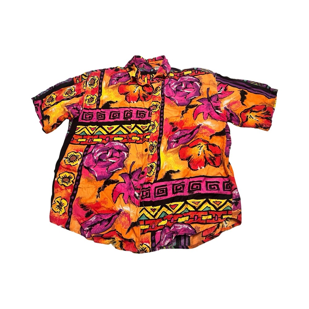 Vintage 90s Abstract Floral Geometric‎ Rayon Button Down Shirt Orange Pink Large